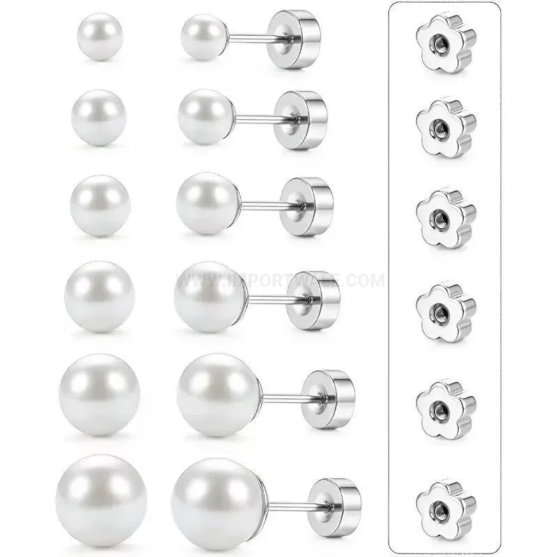 Fashion Classic Faux Pearl Titanium Stainless Steel Stud Earring Set