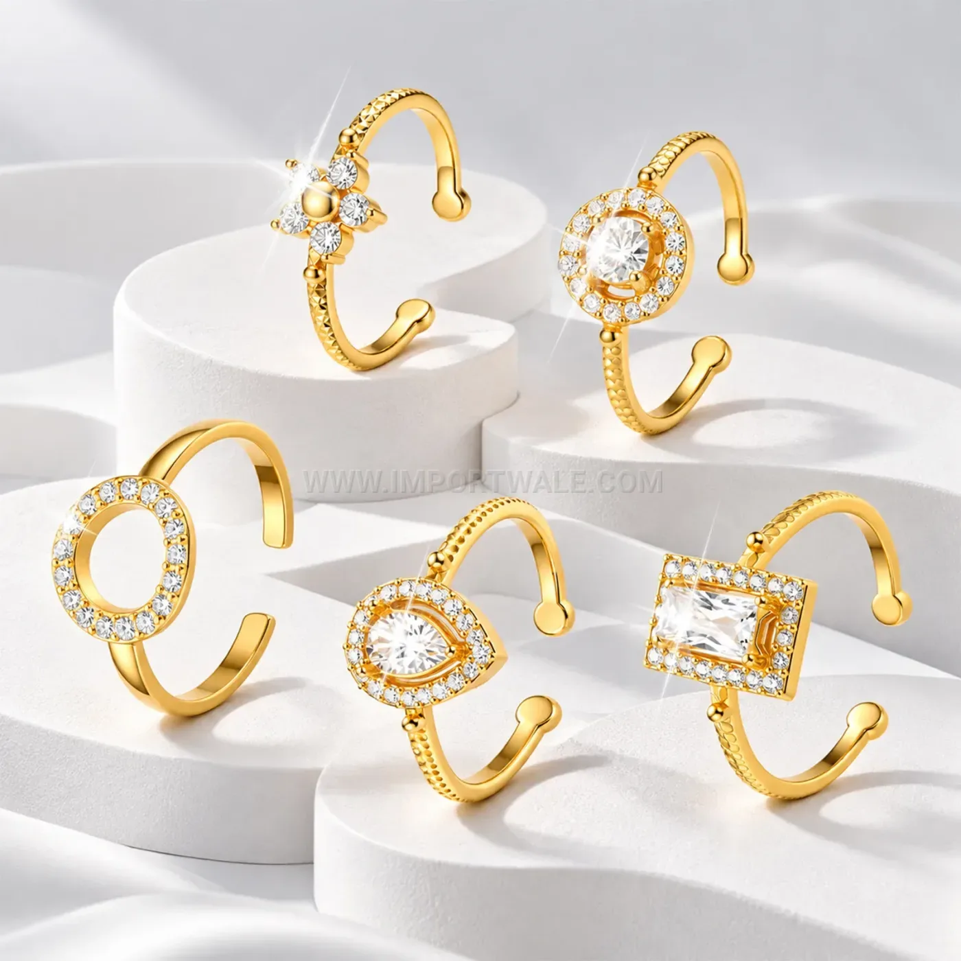Gold Plated Stainless Steel Adjustable Cubic Zirconia Ring Set