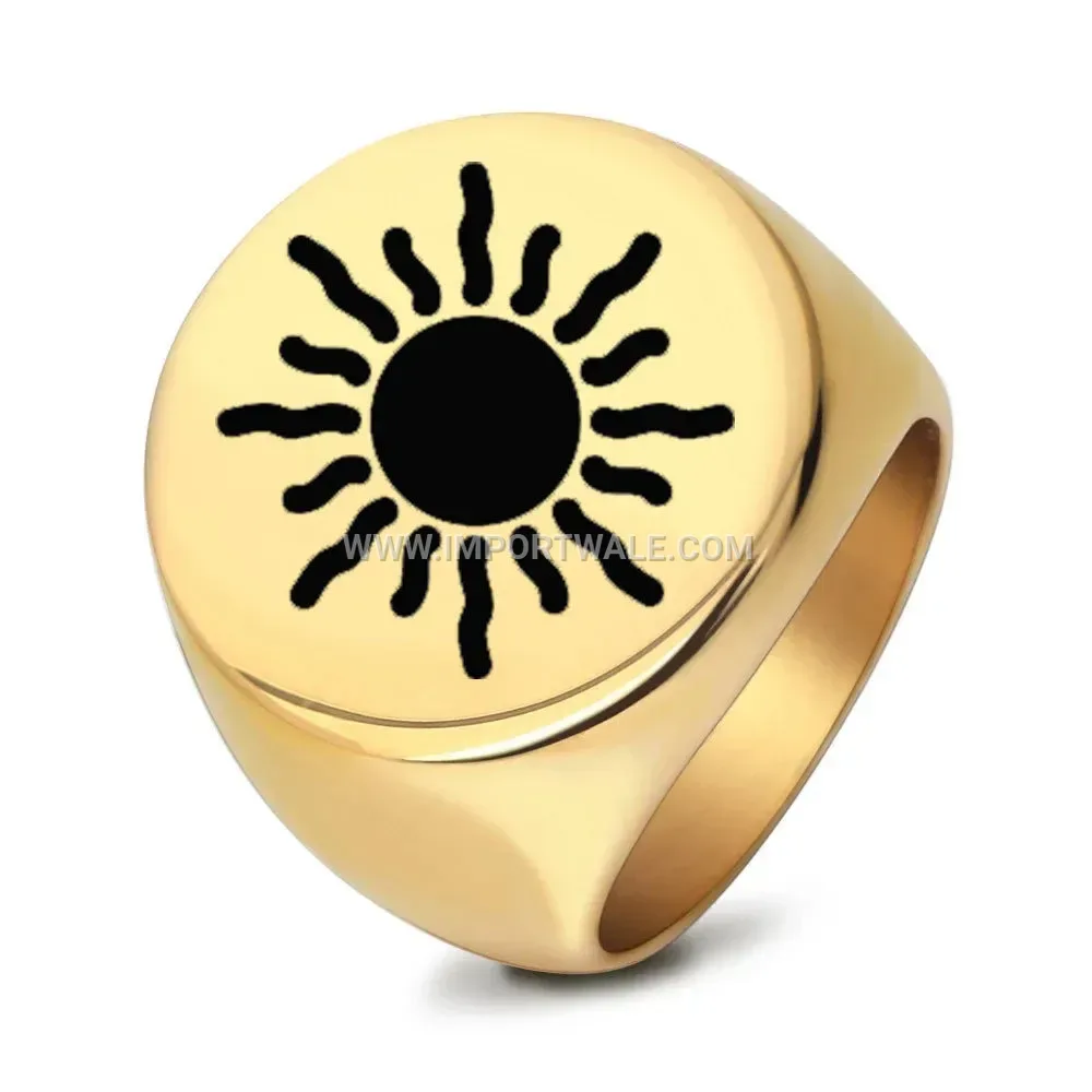 Engraved Burning Sun Stainless Steel Round Signet Ring