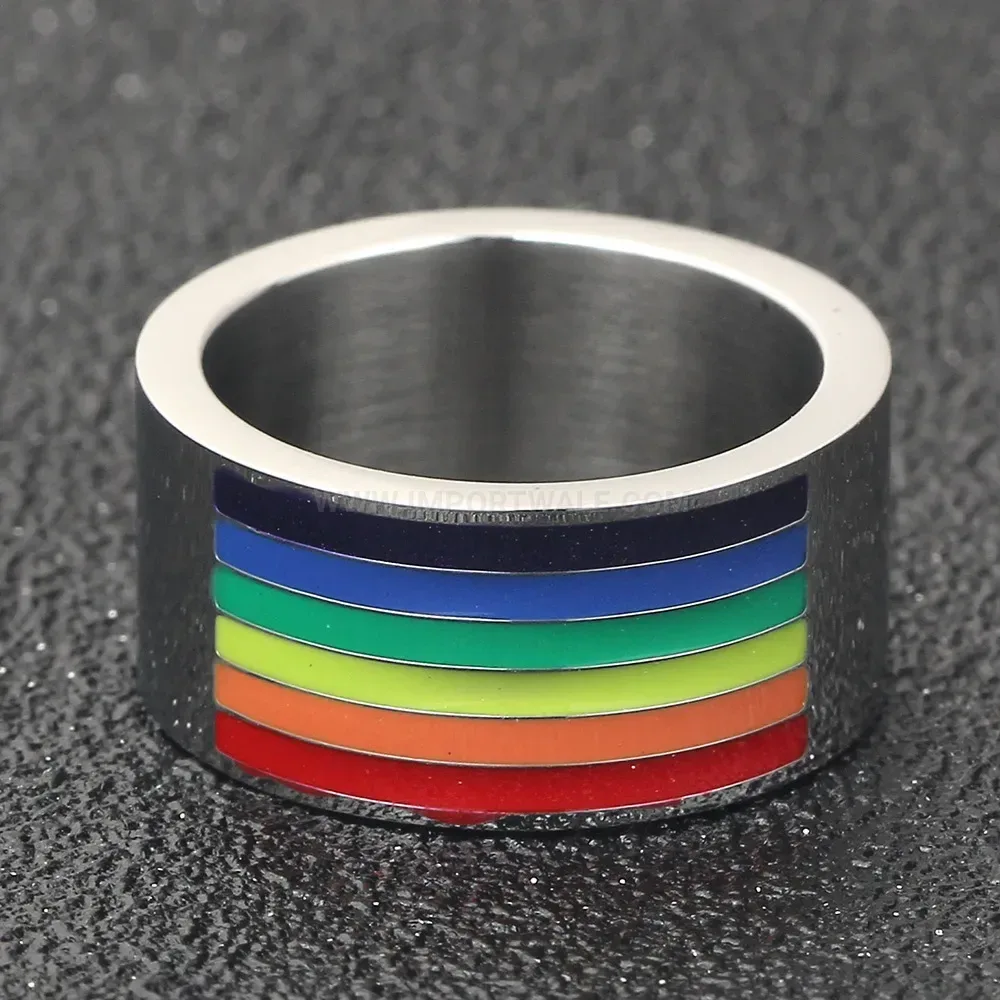 Modern Vibrant Rainbow Epoxy Stainless Steel Wide Band Ring