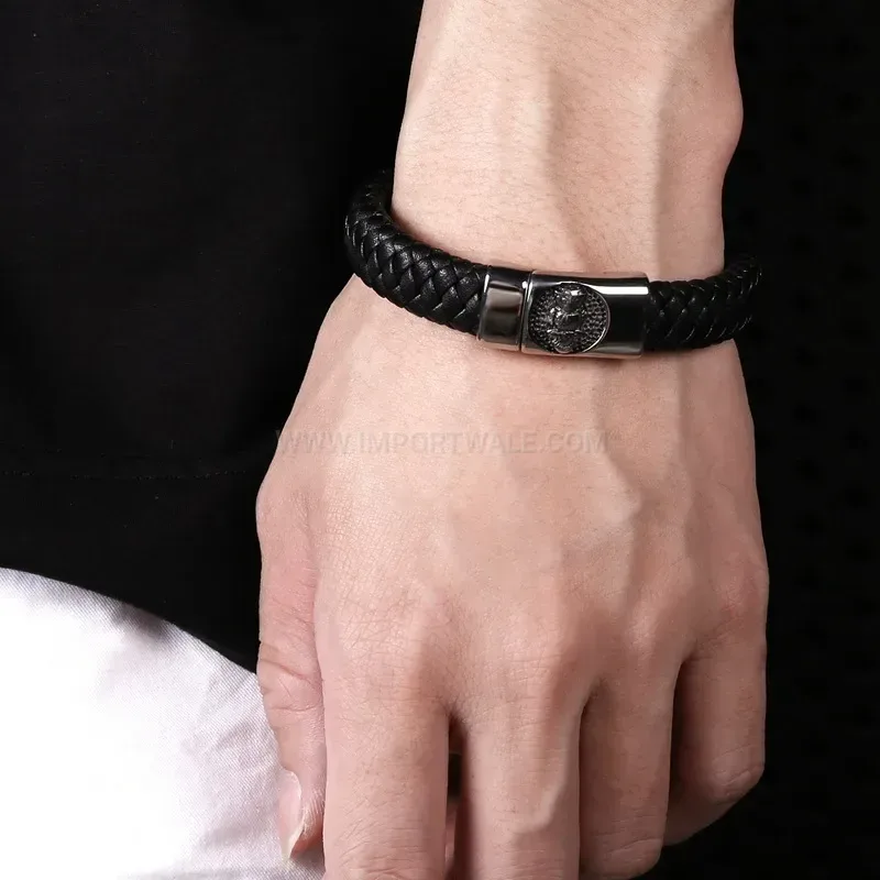 Fashion Stitched Braided Leather Stainless Steel Bird Motif Bracelet