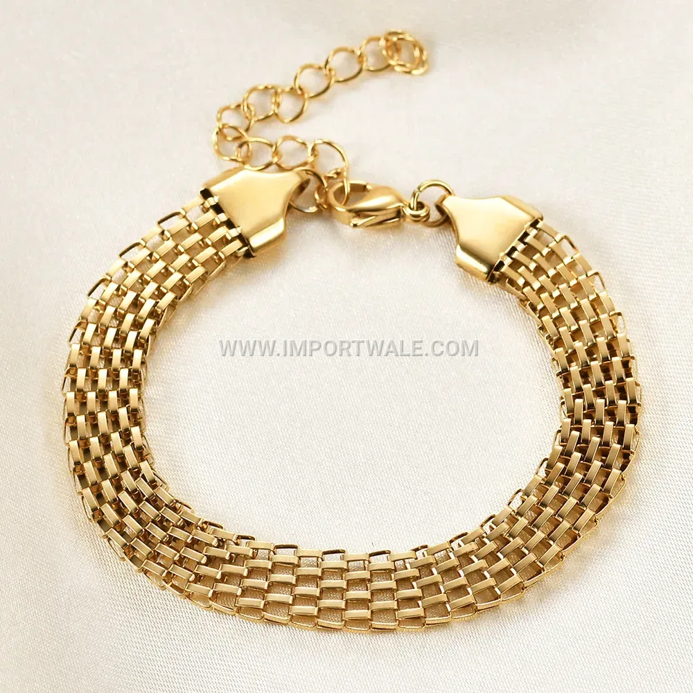 Wide Braided Twist Chain Stainless Steel Bracelet with 18K Gold Finish