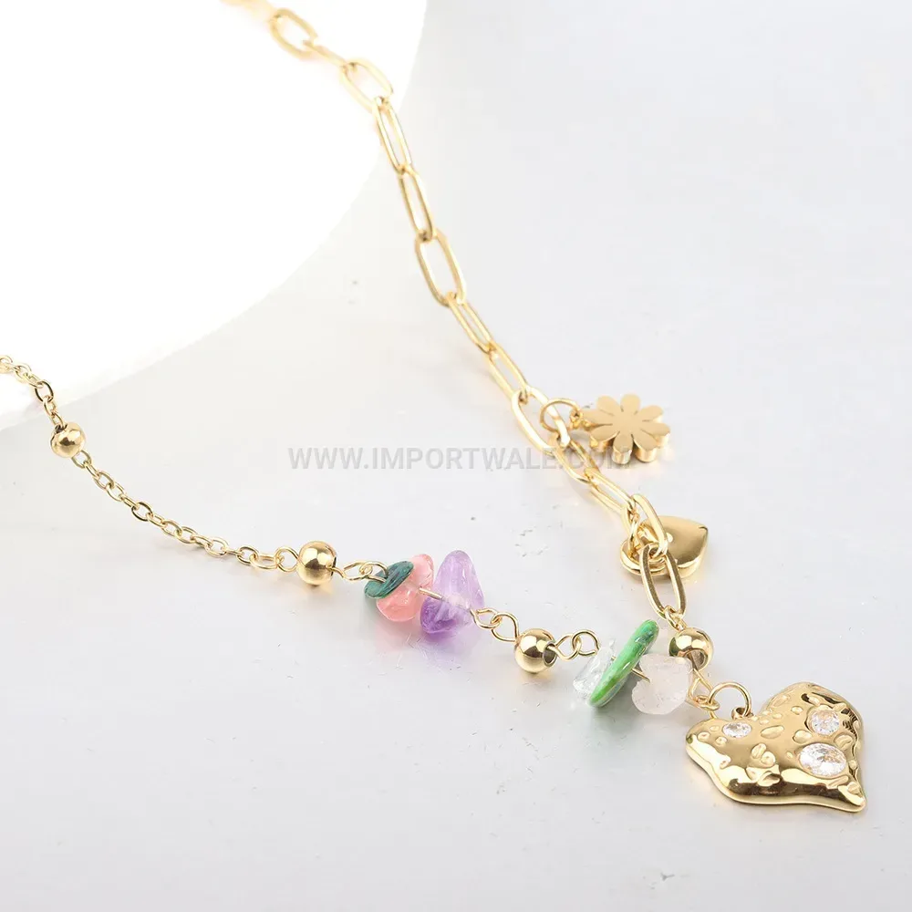 Stainless Steel Beaded Heart Pendant Necklace with Gemstones and Pearls