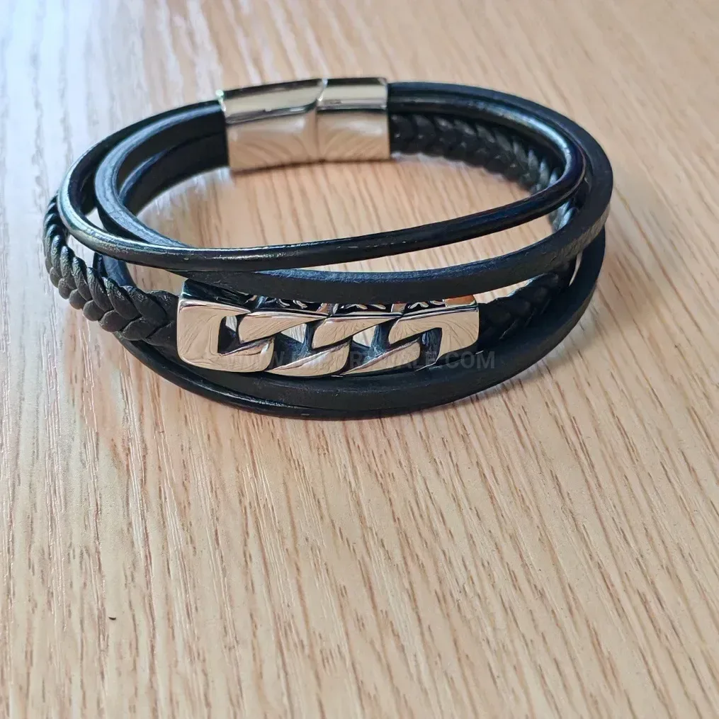 Braided Leather Multi-Layer Stainless Steel Punk Bracelet for Men