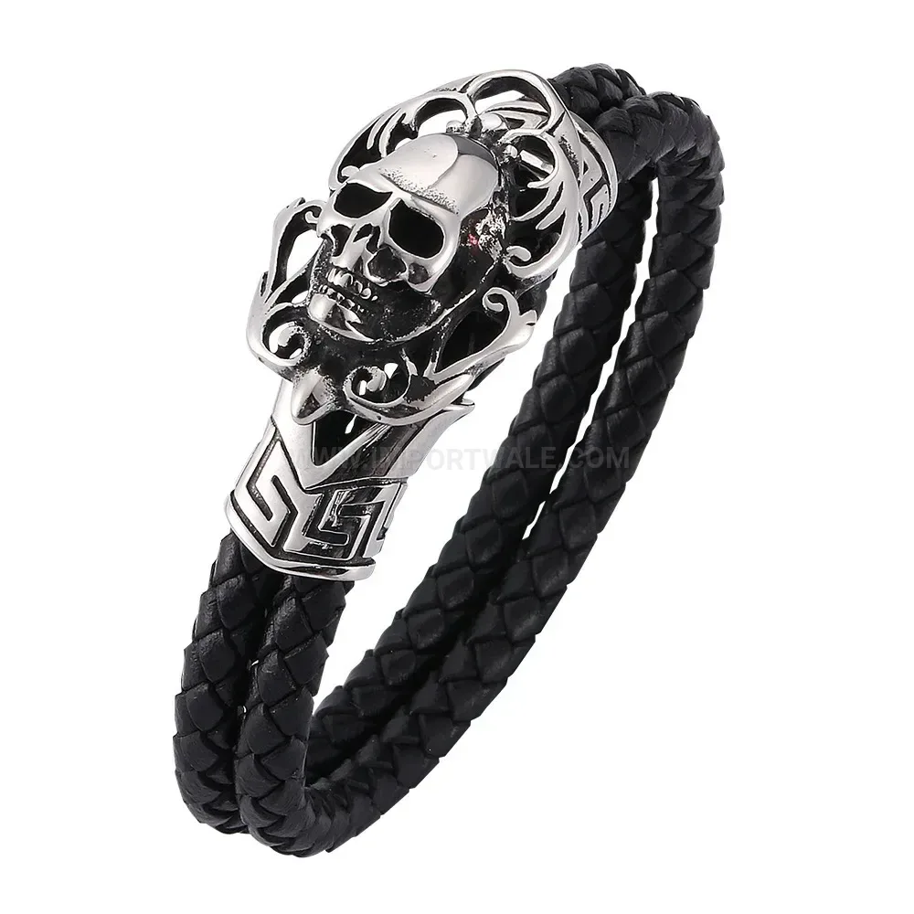 Double Wrap Black Leather Skull Accent Steel Bracelet