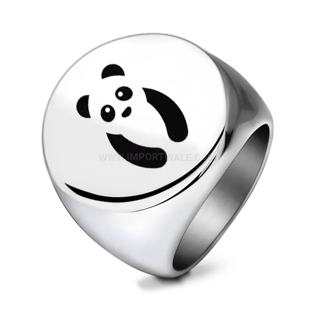 Elegant Engraved Panda Motif Stainless Steel Round Signet Ring