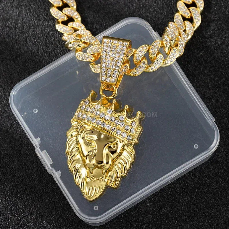 Rhinestone Crowned Lion Head Pendant Cuban Chain Necklace
