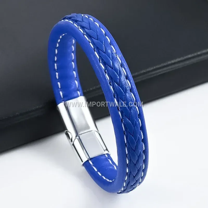 Multi Strand Woven Leather Wristband with Metallic Clasp