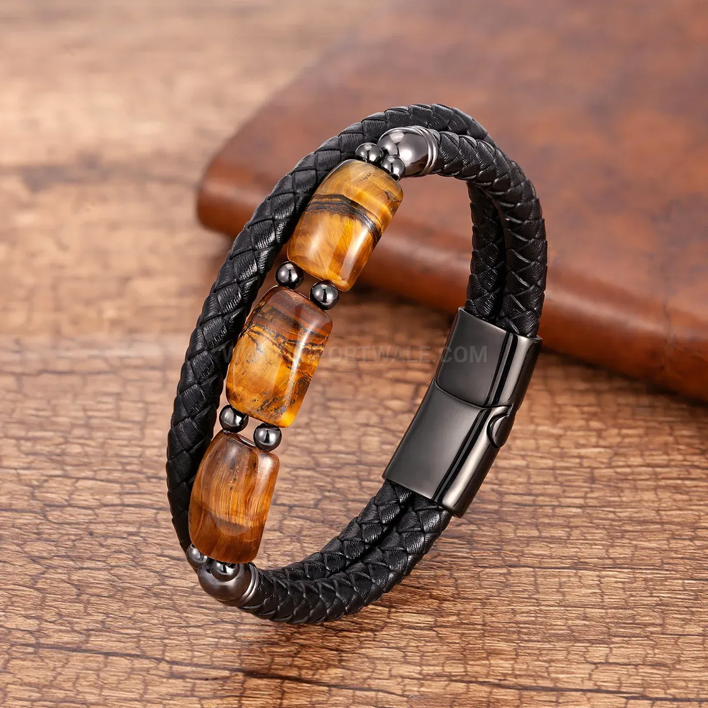 Braided Leather Bamboo Stone Bracelet with Stainless Steel Magnetic Clasp