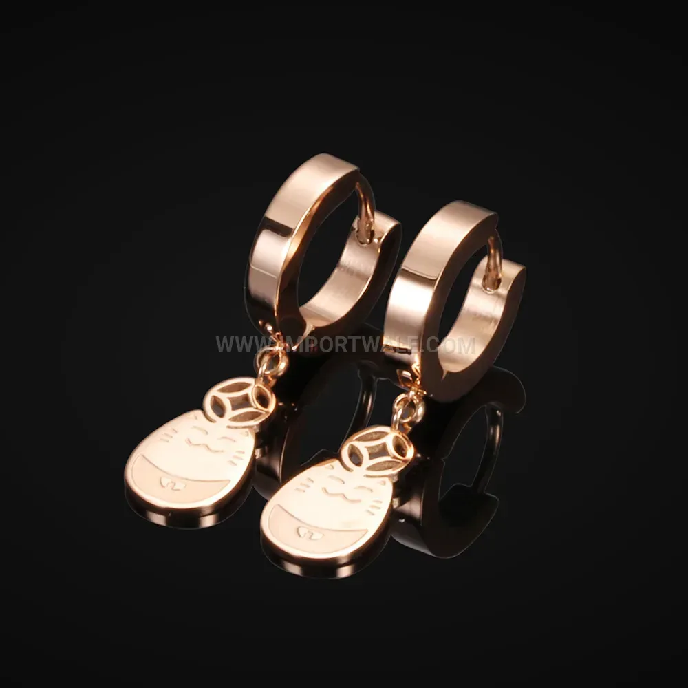 Rose Gold Stainless Steel Fortune Cat Coin Huggie Earrings