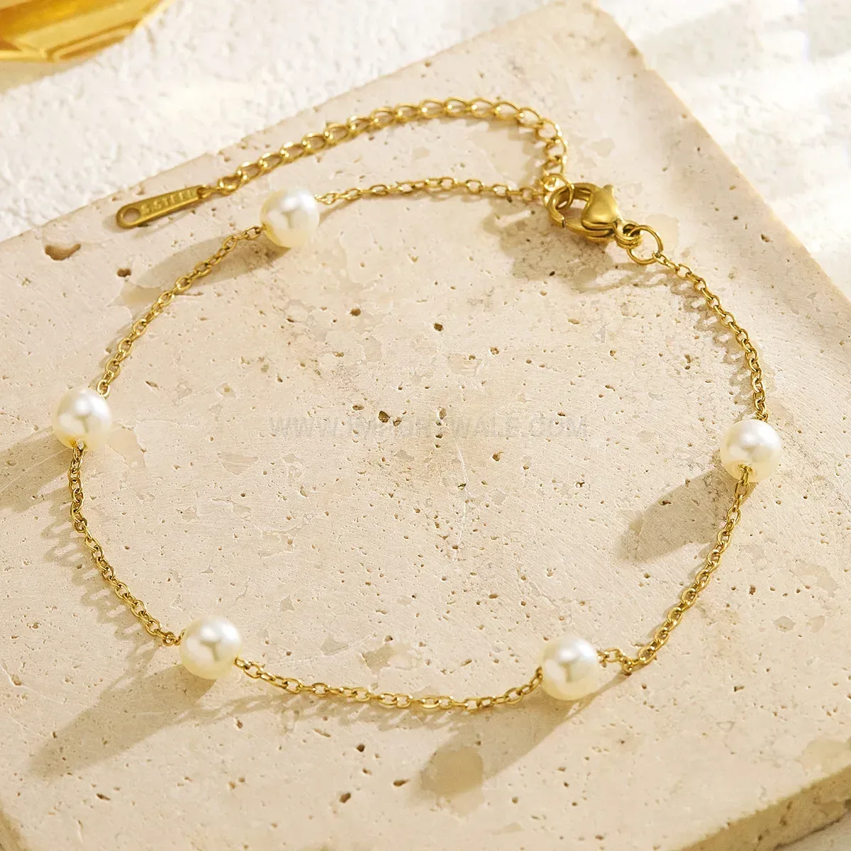 Gold Plated Stainless Steel Five Pearl Accent Bracelet