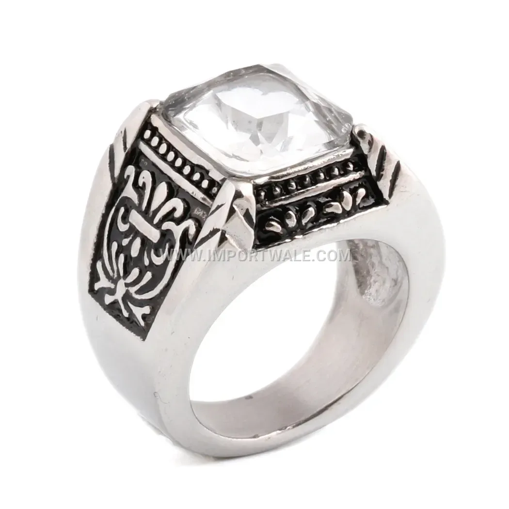 Vintage Crystal Inlaid Stainless Steel Geometric Signet Ring