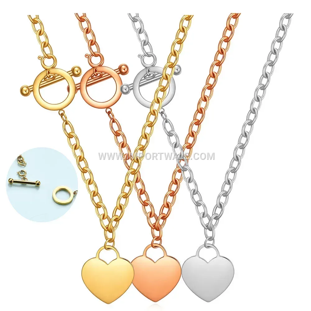 Polished Stainless Steel Heart Pendant Toggle Clasp Necklace