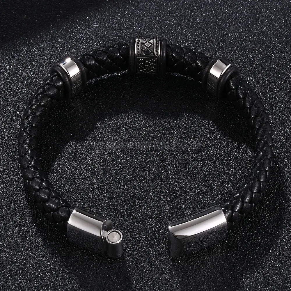 Vintage Woven Leather Bracelet with Stainless Steel Clasp
