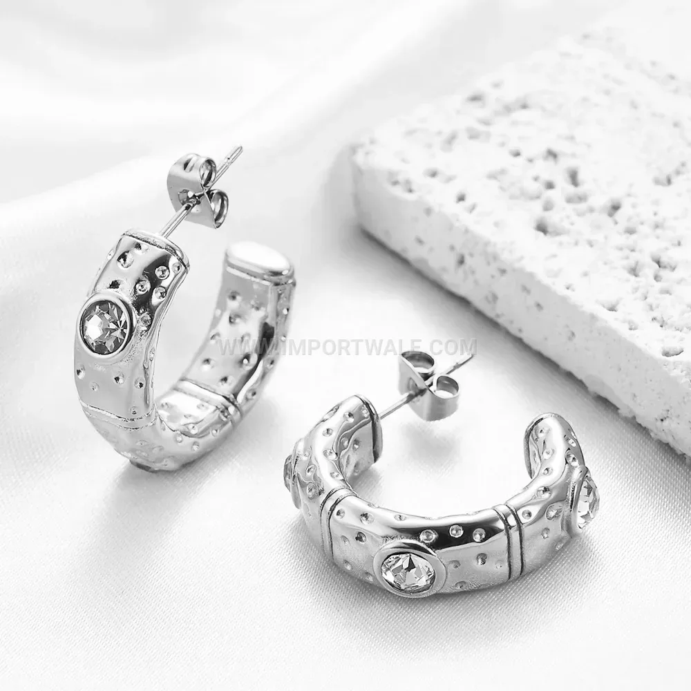 Irregular C-Shaped Zirconia Stainless Steel Hoop Earrings
