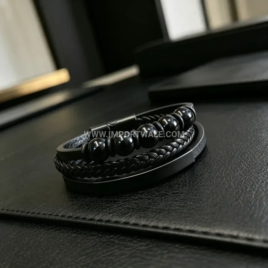 Men's Braided Leather Bracelet with Black Beads and Magnetic Clasp