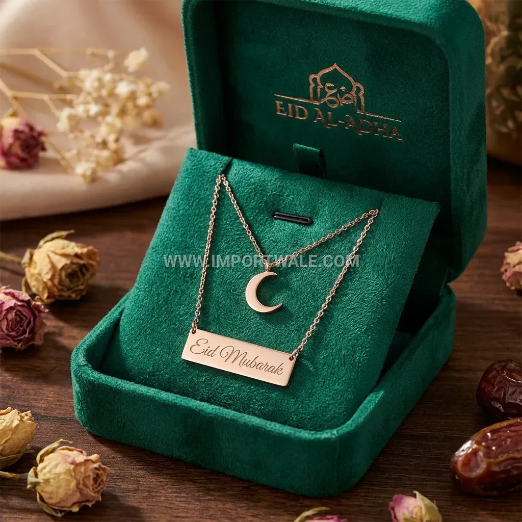 Gold Plated Stainless Steel Layered Crescent Moon Ayat Al-Kursi Pendant Necklace