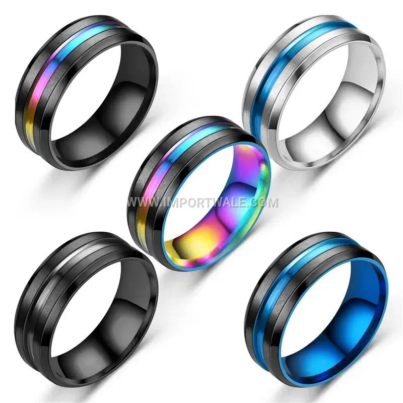 Two Tone Grooved Titanium Steel Band Ring