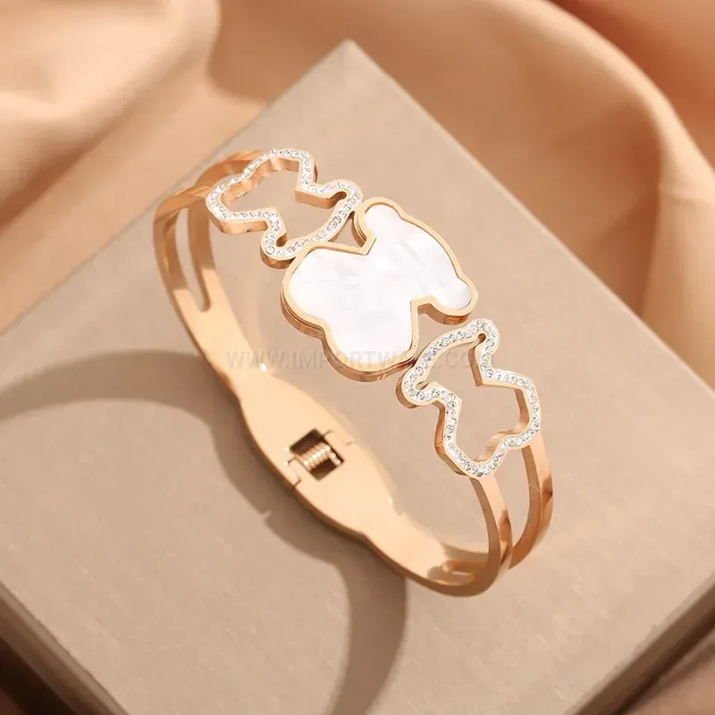 Panda Shell Accent Titanium Steel Bangle Bracelet