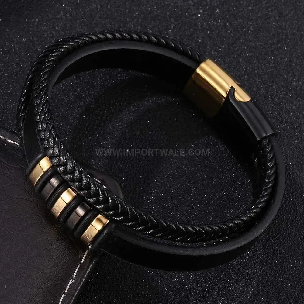 Multi Layer Woven Leather Bracelet with Stainless Steel Clasp