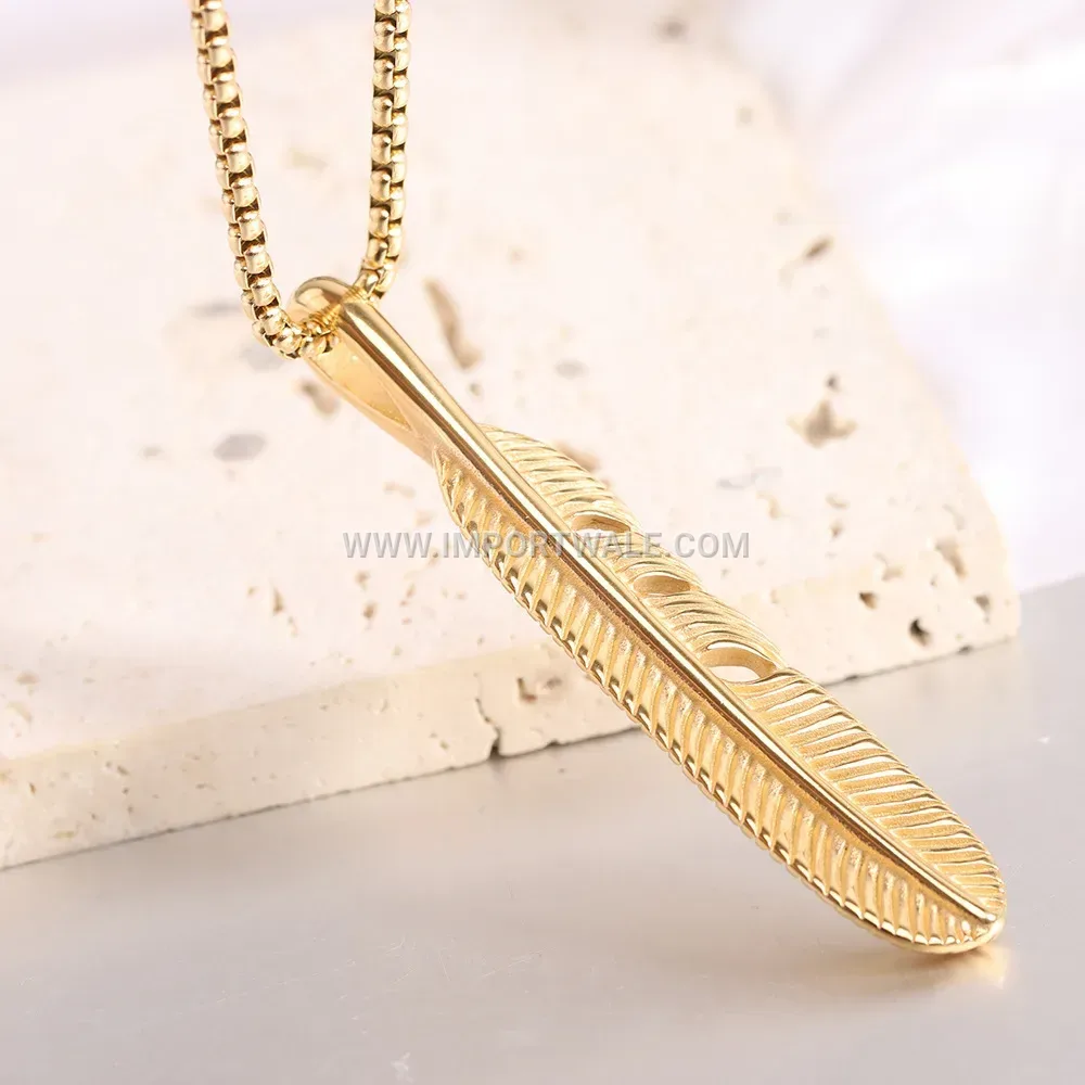 Bold Cast Stainless Steel Feather Pendant Necklace