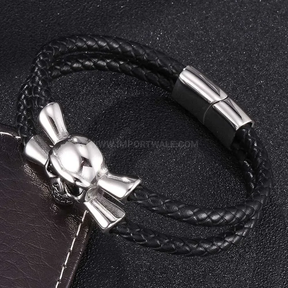 Stainless Steel Skull Accent Vintage Leather Bracelet
