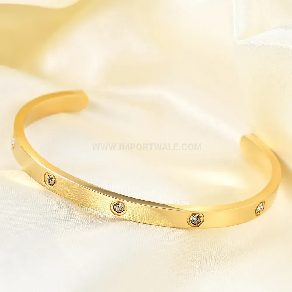 Chic Embellished C-Shaped 18K Gold Plated Stainless Steel Bangle
