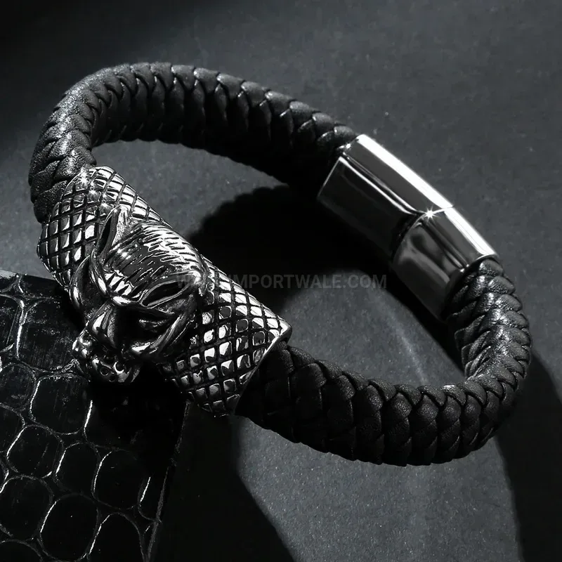Elegant Cheetah Accent Stainless Steel Braided Leather Men Bracelet