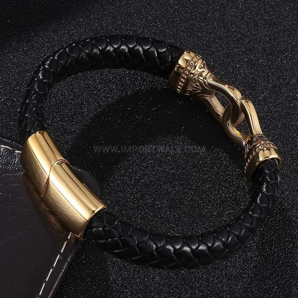 Woven Leather Bracelet with Stainless Steel Accents
