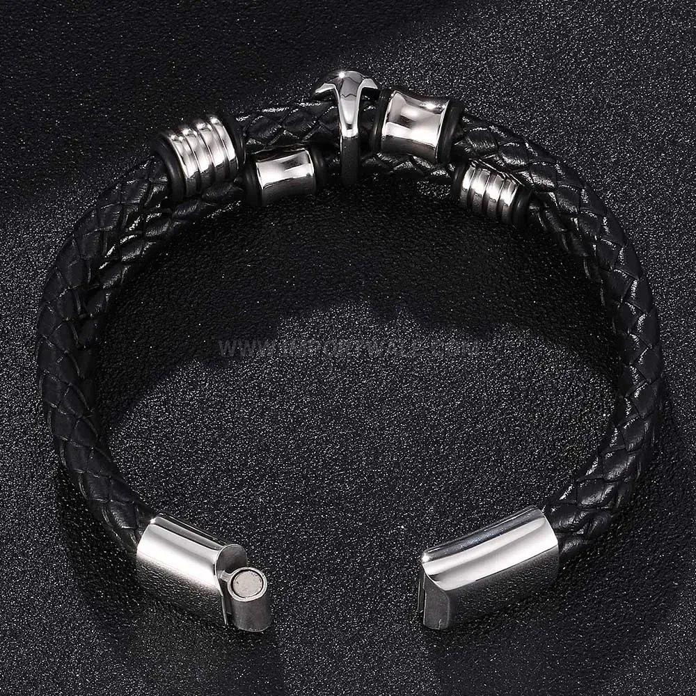 Punk Style Skull Rose Stainless Steel Black Leather Wristband
