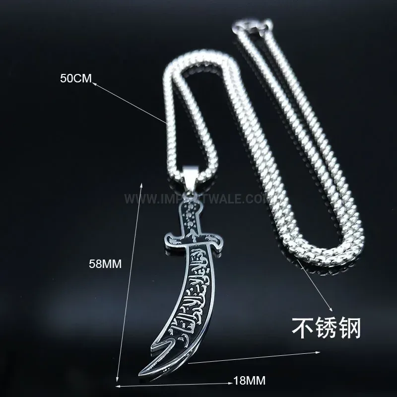 Modern Platinum Plated Stainless Steel Sword Calligraphy Pendant Necklace
