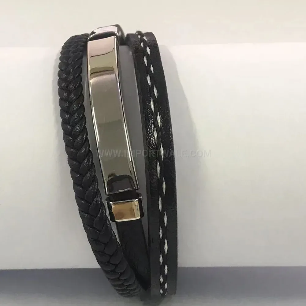 Multi Strand Leather Wristband with Stainless Steel Magnetic Clasp