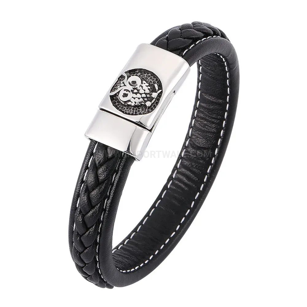 Stainless Steel Owl Braided Leather Men's Bracelet
