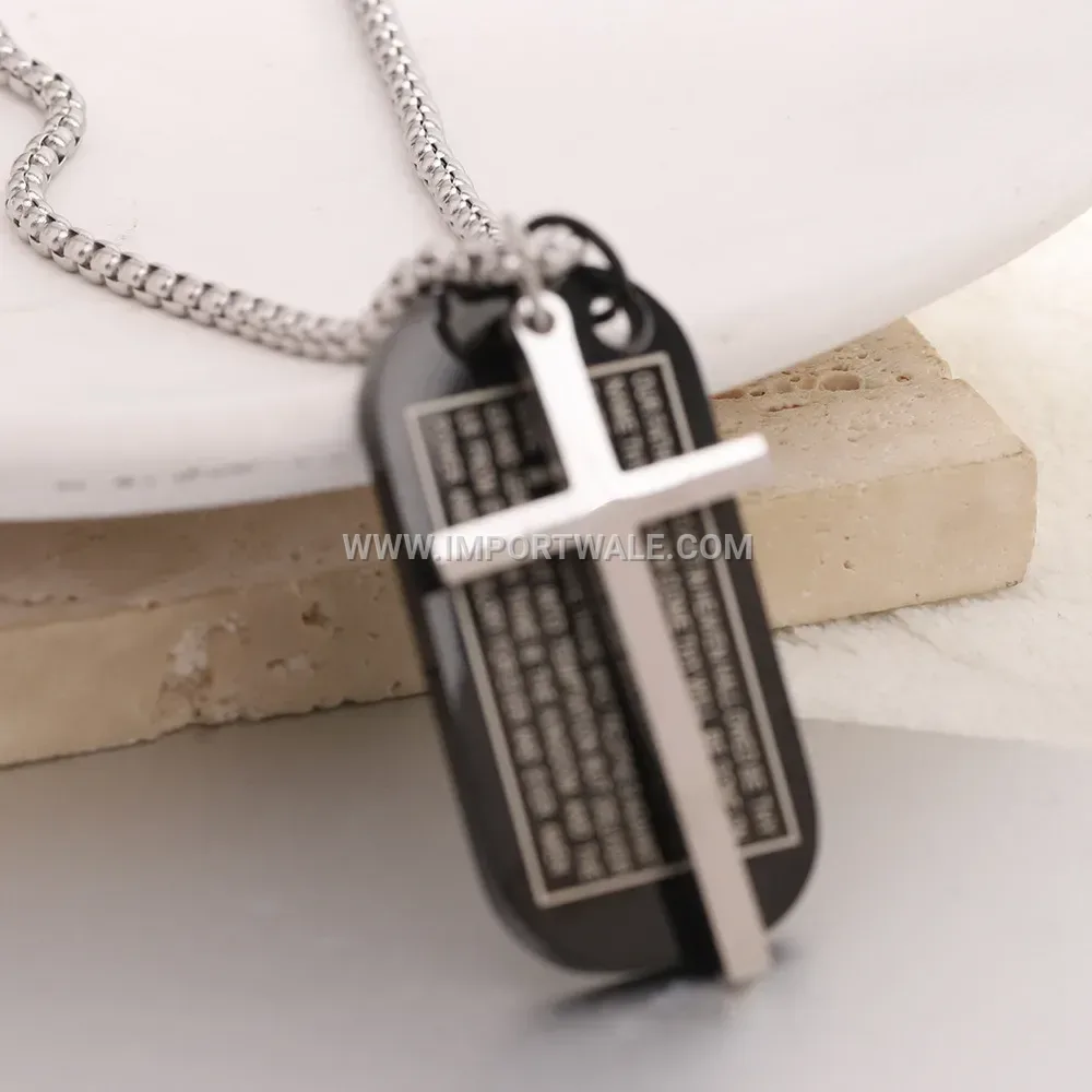 Vintage Stainless Steel Cross Engraved Dog Tag Pendant Necklace