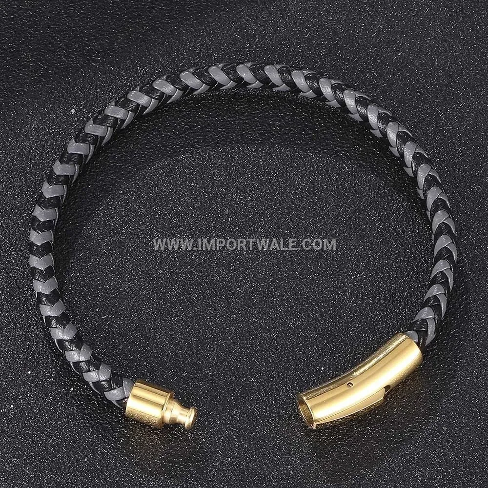 Two-Tone Braided Leather Strap with Gold Tone Stainless Clasp