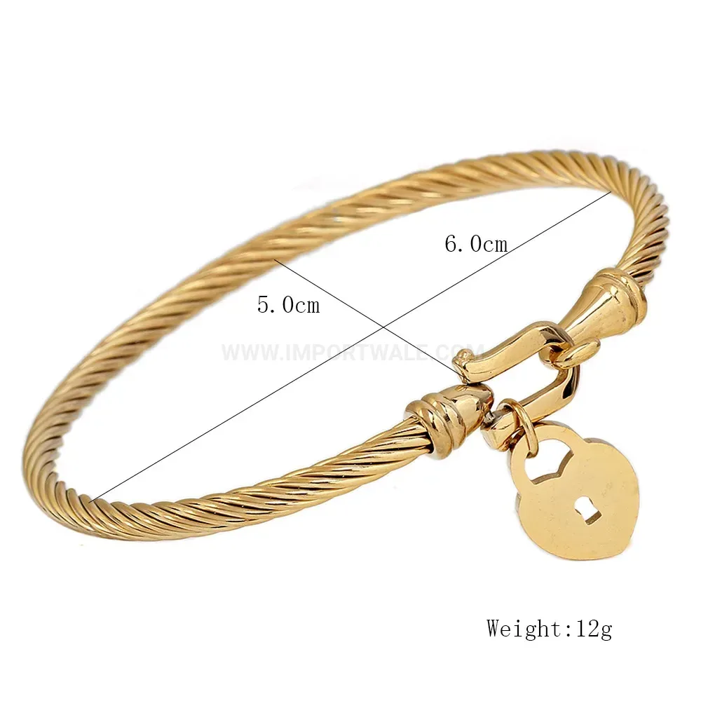 Chic 18K Gold Plated Twisted Cable Bangle with Heart Lock Clasp