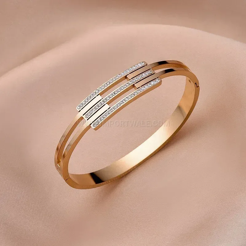 Classic Multi Layer Rhinestone Open Titanium Steel Cuff Bangle