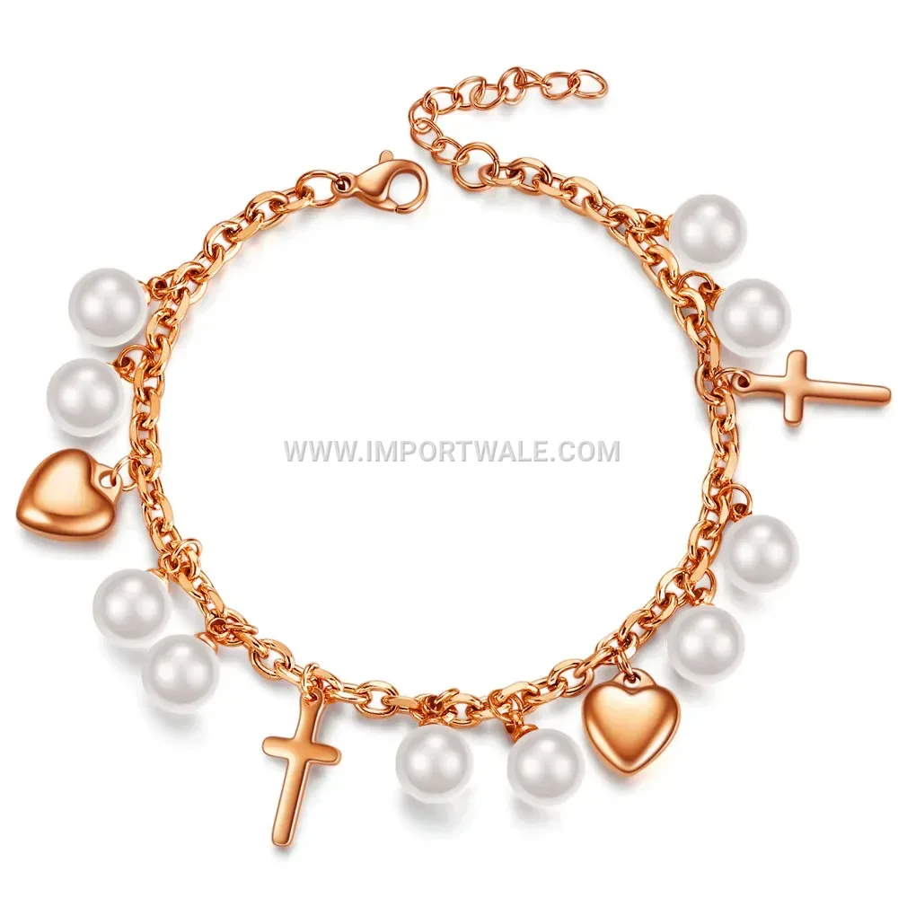 Cross and Heart Pearl Accent Stainless Steel Mixed Chain Bracelet