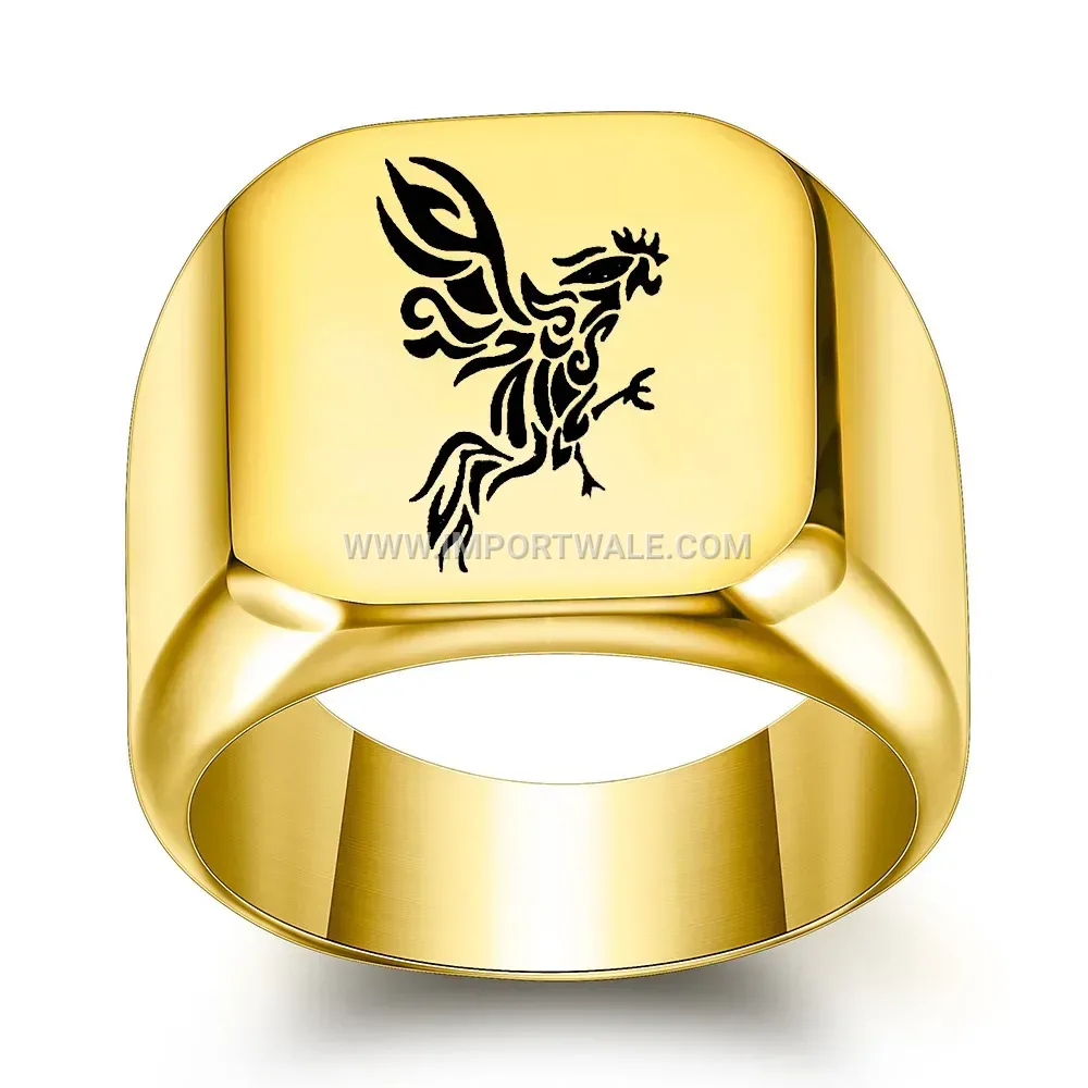 Rooster Motif Laser Engraved Square Stainless Steel Ring
