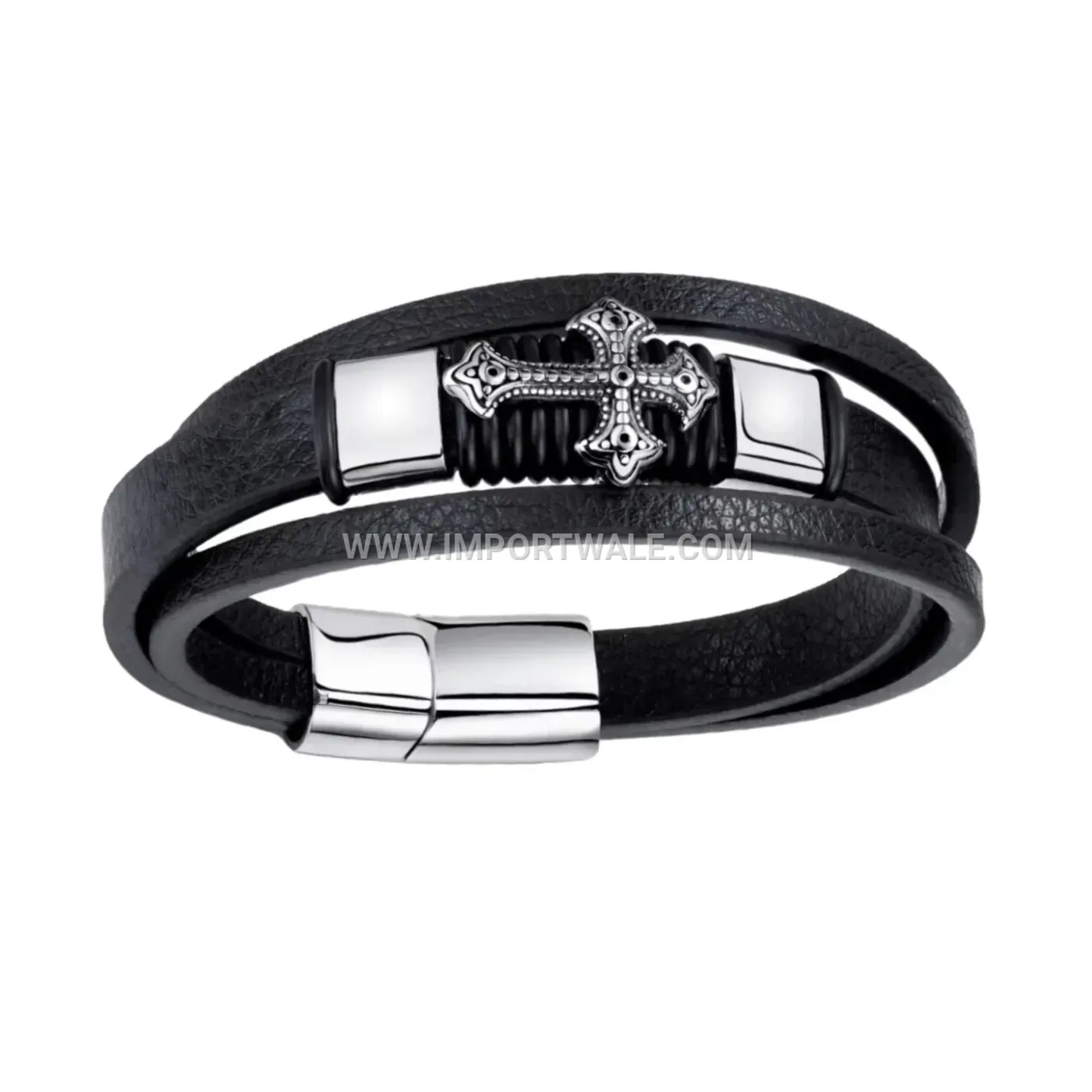 Men's Cross Charm Multi-Layer Leather Bracelet with Magnetic Clasp