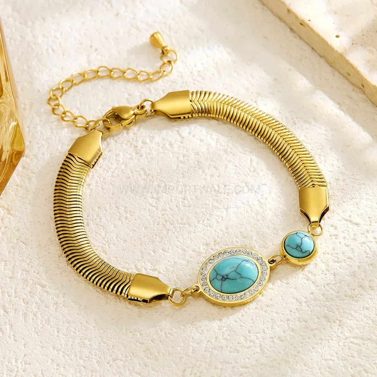 Gold Plated Stainless Steel Oval Turquoise Heart Charm Bracelet
