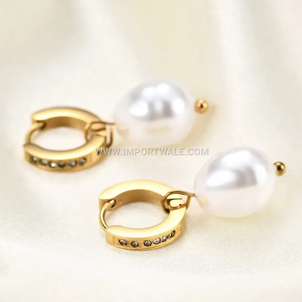 Stainless Steel Huggie Hoop Earrings with Faux Pearl Drop