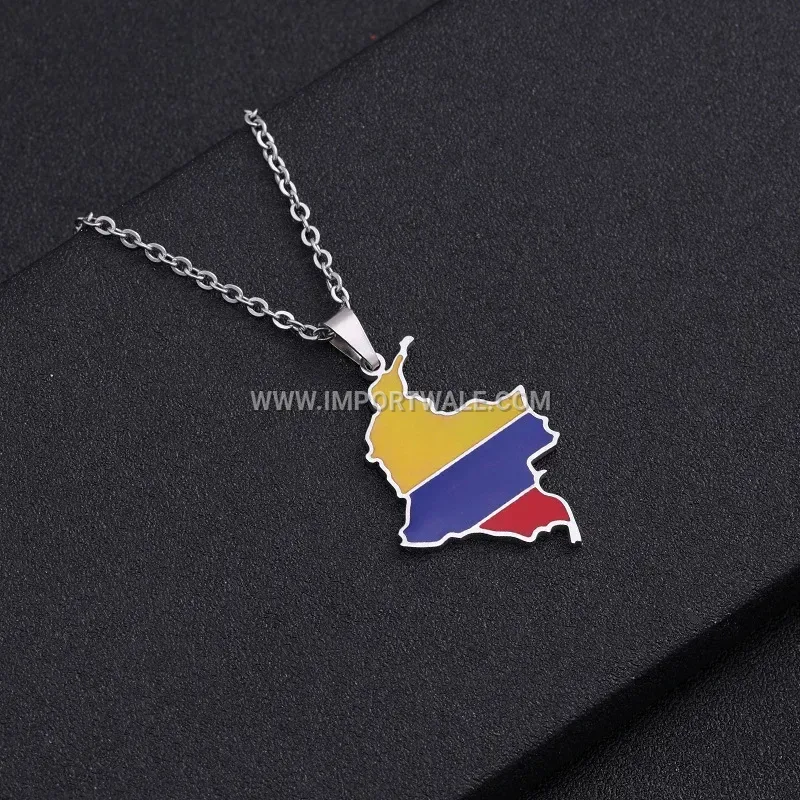 Enamel Colombia Map Stainless Steel Pendant Necklace