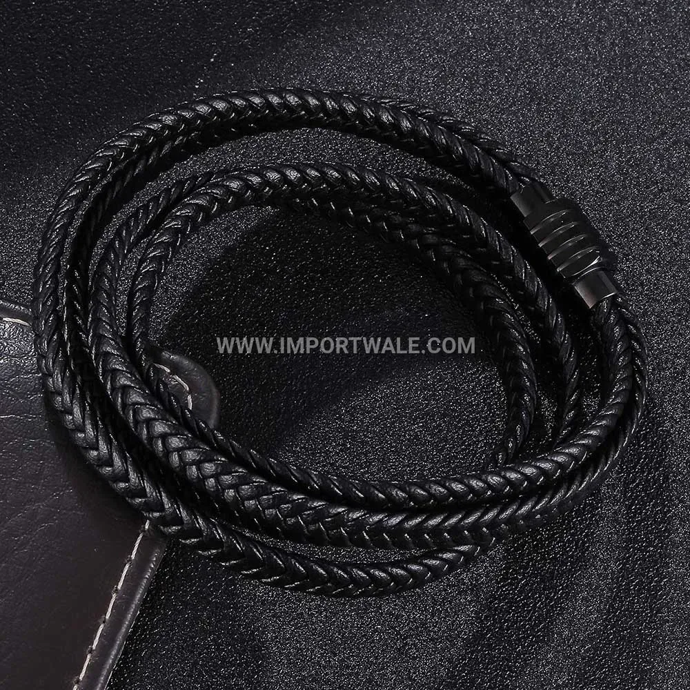 Double Wrap Braided Black Leather Steel Cuff Bracelet