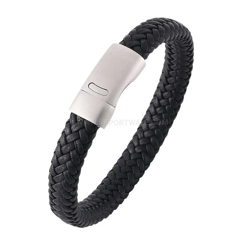 Woven Leather Rope Bracelet with Steel Magnetic Buckle