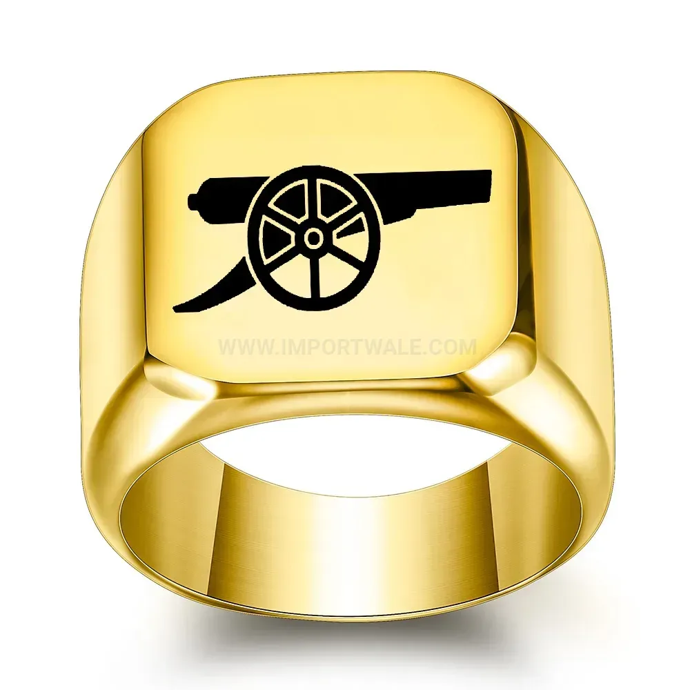 Designer Laser Engraved Cannon Motif Stainless Steel Square Signet Ring