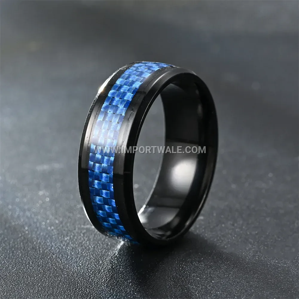 Black Stainless Steel Band Ring with Blue Carbon Fiber Inlay