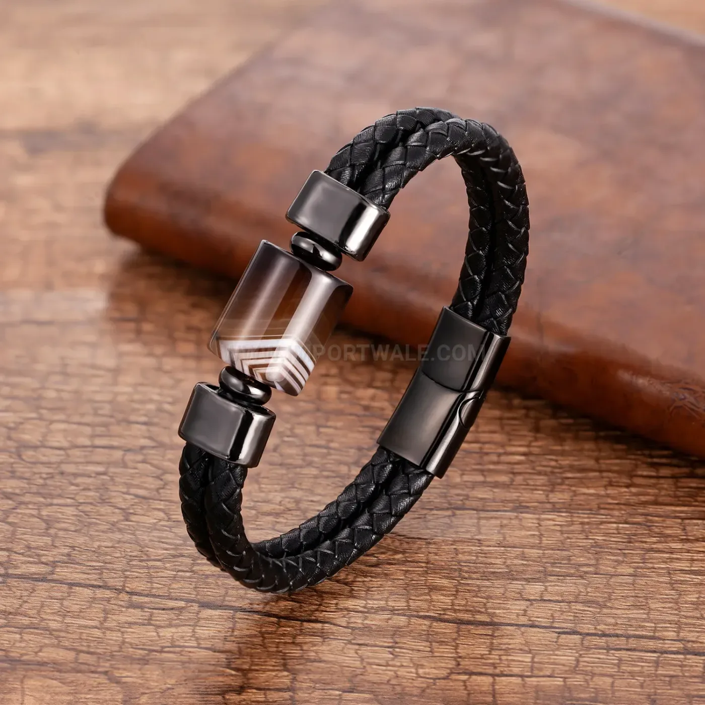 Woven Leather and Natural Stone Bracelet with Stainless Steel Clasp