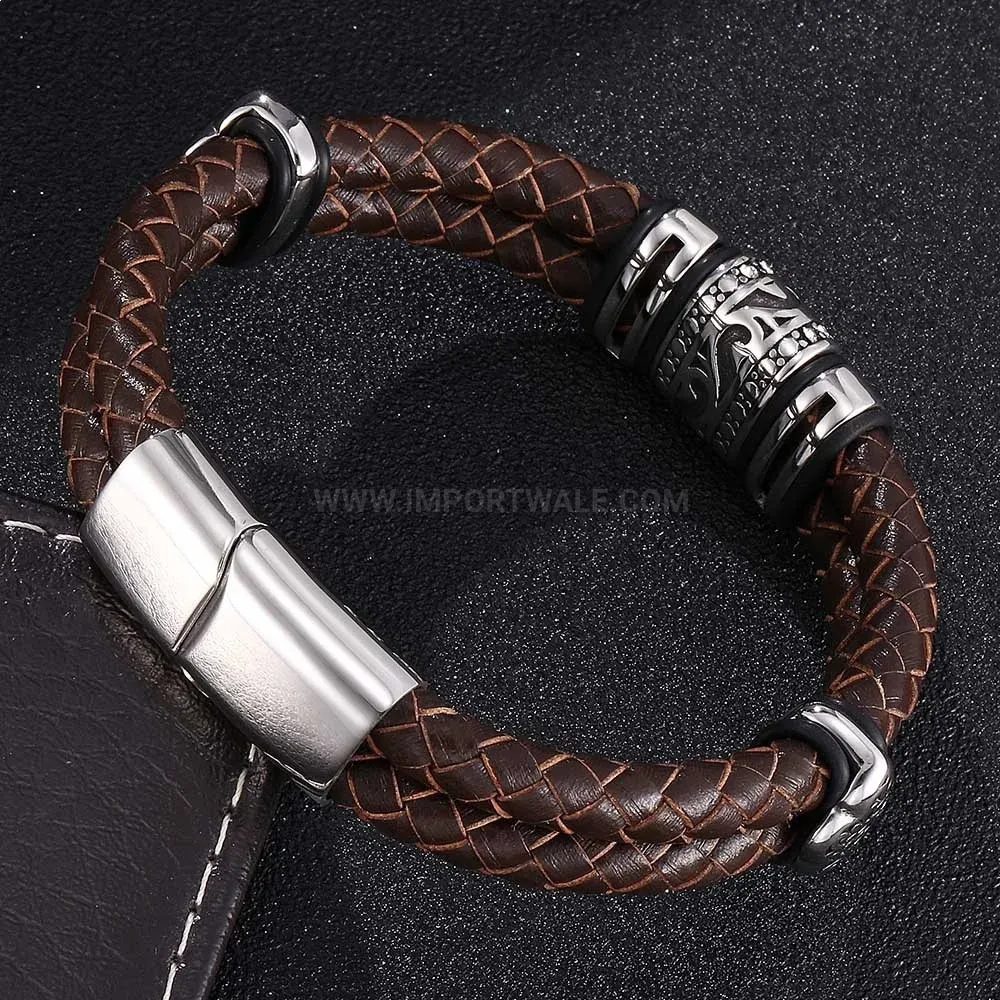 Bold Double-Strand Woven Brown Leather Bracelet with Stainless Steel Clasp