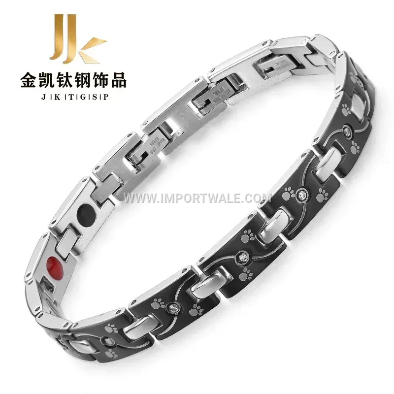 Black Rhinestone Footprint Magnetic Titanium Steel Couples Bracelet